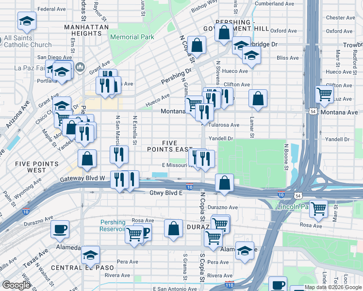 map of restaurants, bars, coffee shops, grocery stores, and more near 3416 Wyoming Avenue in El Paso