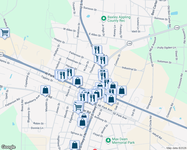 map of restaurants, bars, coffee shops, grocery stores, and more near 96 Weaver Street in Baxley