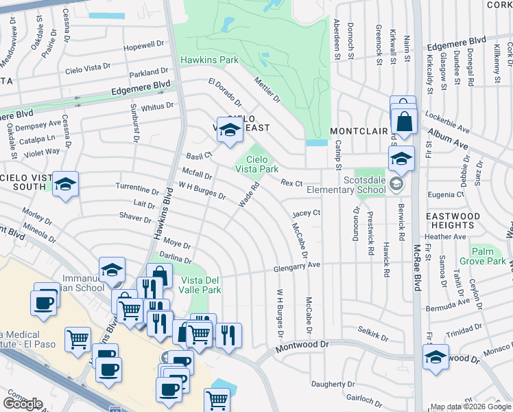 map of restaurants, bars, coffee shops, grocery stores, and more near 9124 West H Burges Drive in El Paso