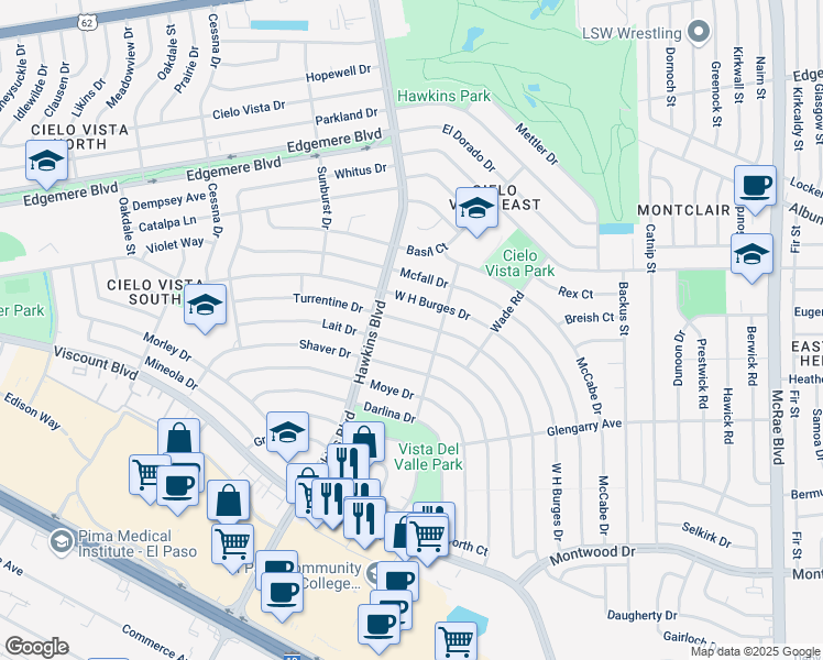 map of restaurants, bars, coffee shops, grocery stores, and more near 8913 Lait Drive in El Paso