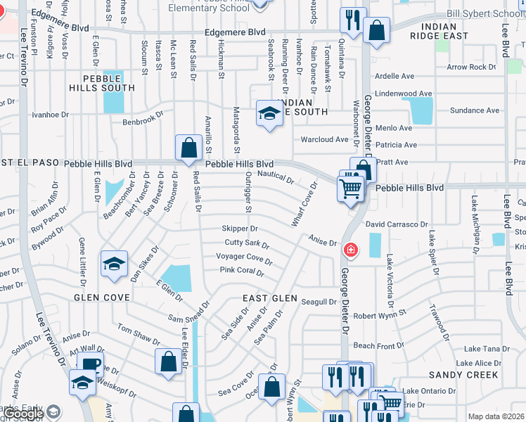 map of restaurants, bars, coffee shops, grocery stores, and more near 11176 Wharf Cove Drive in El Paso
