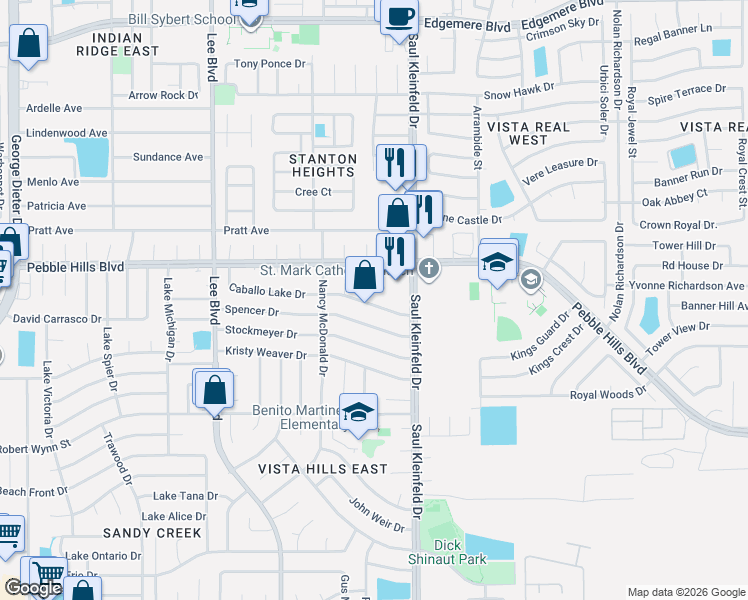 map of restaurants, bars, coffee shops, grocery stores, and more near 11645 Spencer Drive in El Paso