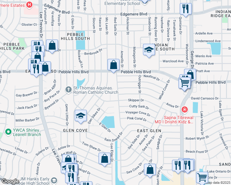 map of restaurants, bars, coffee shops, grocery stores, and more near 2701 Red Sails Drive in El Paso