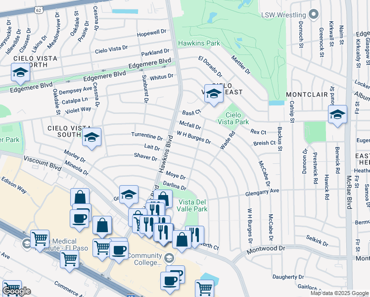 map of restaurants, bars, coffee shops, grocery stores, and more near 8913 Lait Drive in El Paso