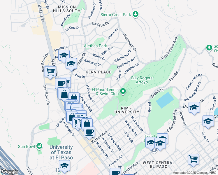map of restaurants, bars, coffee shops, grocery stores, and more near 901 East Robinson Avenue in El Paso