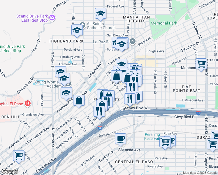 map of restaurants, bars, coffee shops, grocery stores, and more near 2611 Montana Avenue in El Paso
