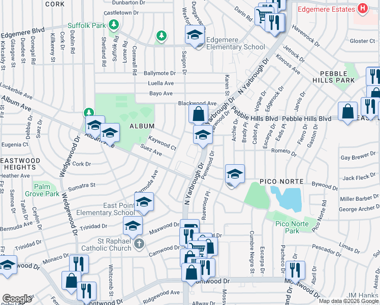 map of restaurants, bars, coffee shops, grocery stores, and more near 2801 North Yarbrough Drive in El Paso