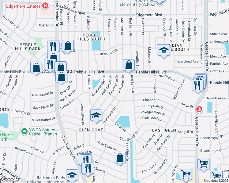 map of restaurants, bars, coffee shops, grocery stores, and more near 2916 Bert Yancey Drive in El Paso