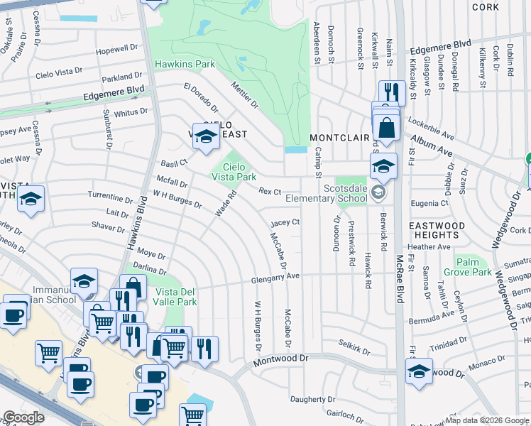 map of restaurants, bars, coffee shops, grocery stores, and more near 9212 Rex Court in El Paso
