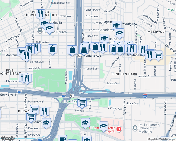 map of restaurants, bars, coffee shops, grocery stores, and more near 4307 Yandell Drive in El Paso