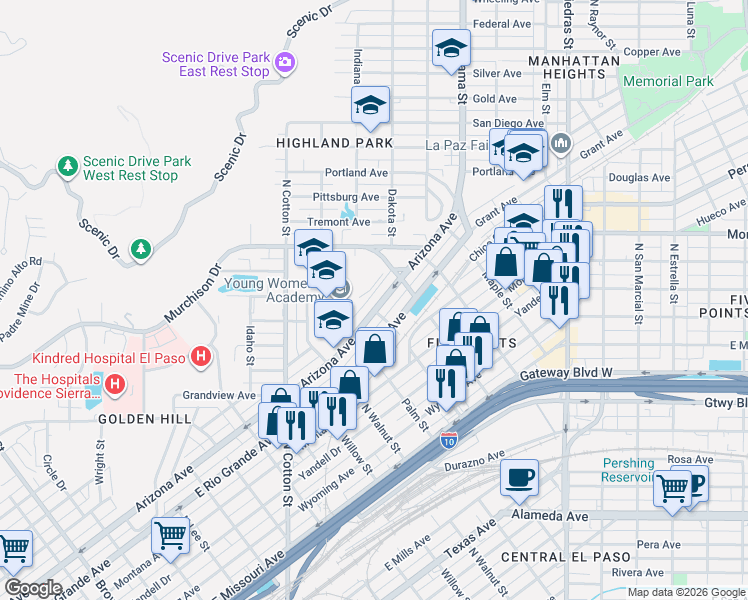 map of restaurants, bars, coffee shops, grocery stores, and more near 2419 Arizona Avenue in El Paso