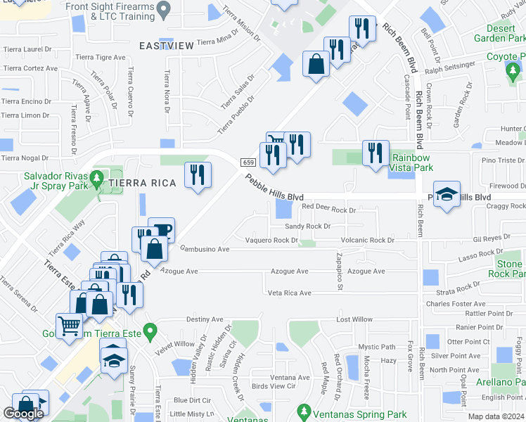 map of restaurants, bars, coffee shops, grocery stores, and more near 2865 Time Rock Place in El Paso