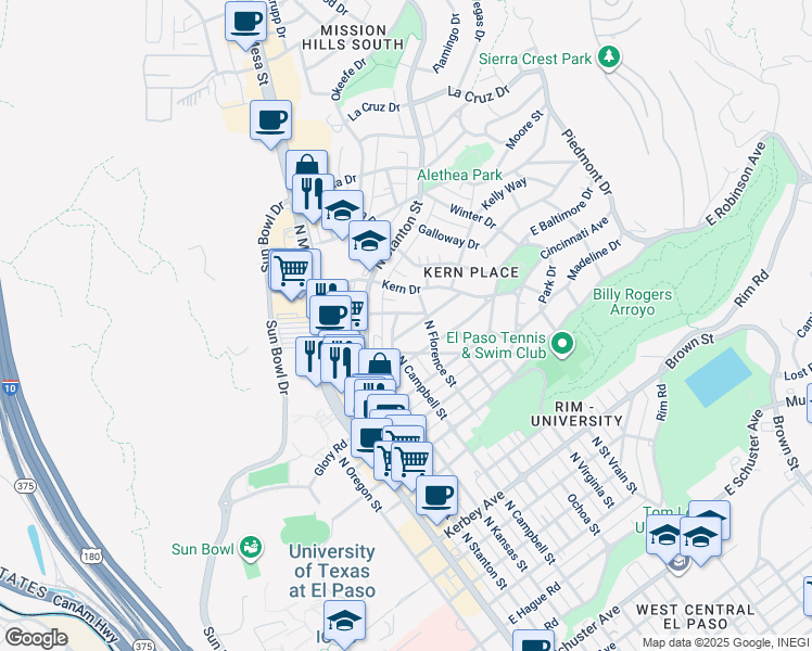 map of restaurants, bars, coffee shops, grocery stores, and more near 3005 North Florence Street in El Paso