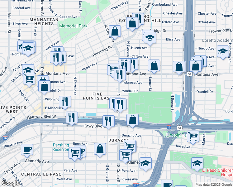 map of restaurants, bars, coffee shops, grocery stores, and more near 804 North Copia Street in El Paso