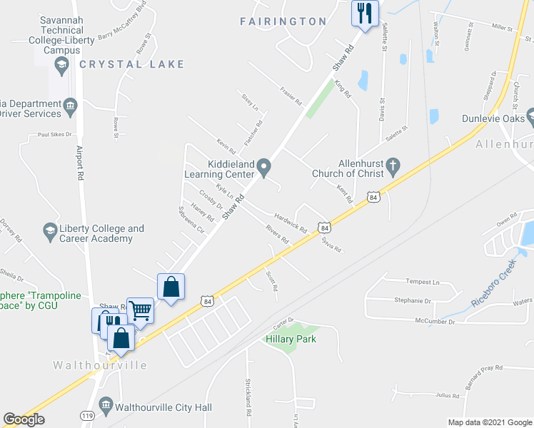 map of restaurants, bars, coffee shops, grocery stores, and more near 115 Hardwick Road in Hinesville