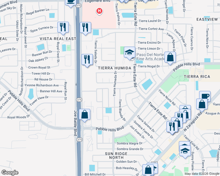 map of restaurants, bars, coffee shops, grocery stores, and more near 2389 Tierra Humeda Drive in El Paso