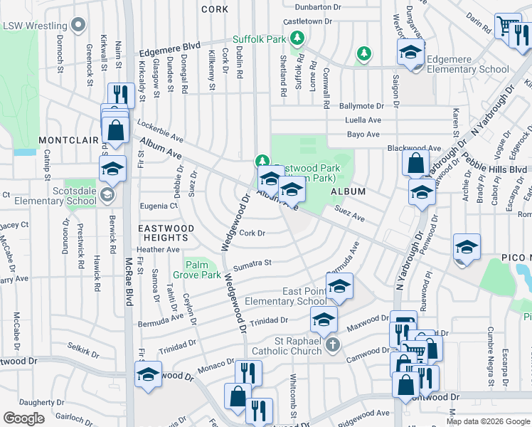map of restaurants, bars, coffee shops, grocery stores, and more near 10104 Album Avenue in El Paso