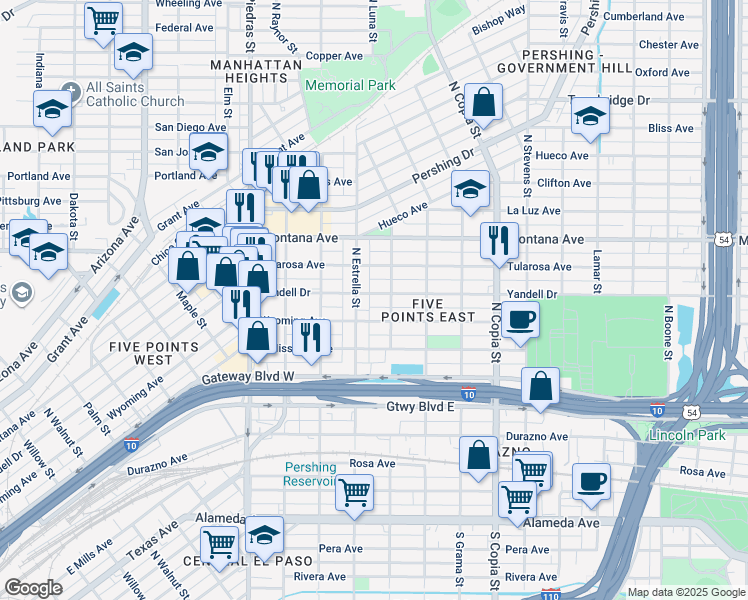 map of restaurants, bars, coffee shops, grocery stores, and more near 3211 Yandell Drive in El Paso