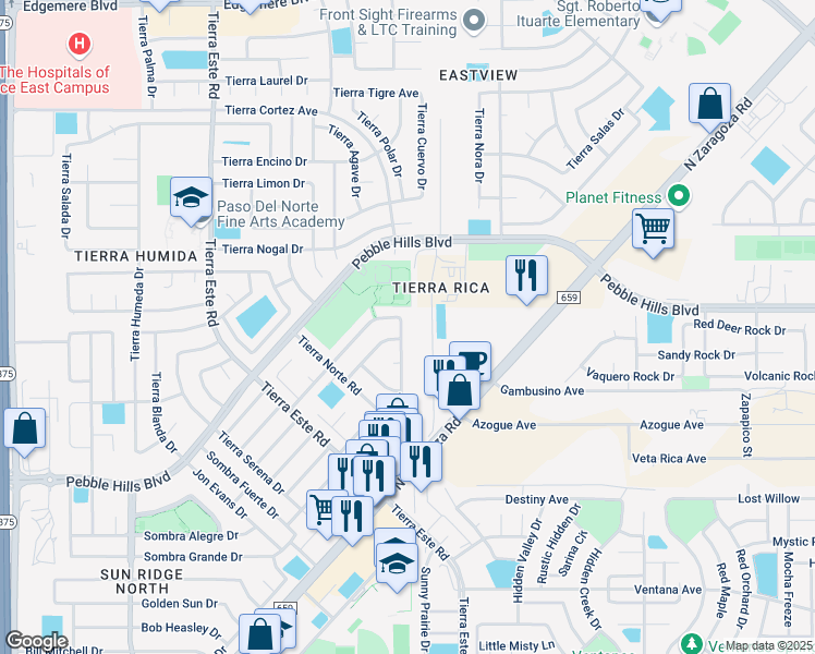 map of restaurants, bars, coffee shops, grocery stores, and more near 2512 Tierra Negra Drive in El Paso