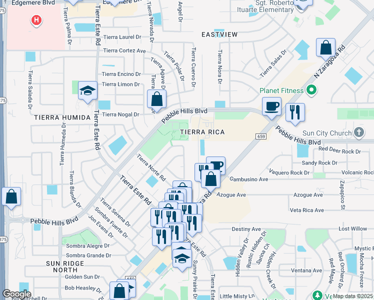 map of restaurants, bars, coffee shops, grocery stores, and more near 2512 Tierra Negra Drive in El Paso