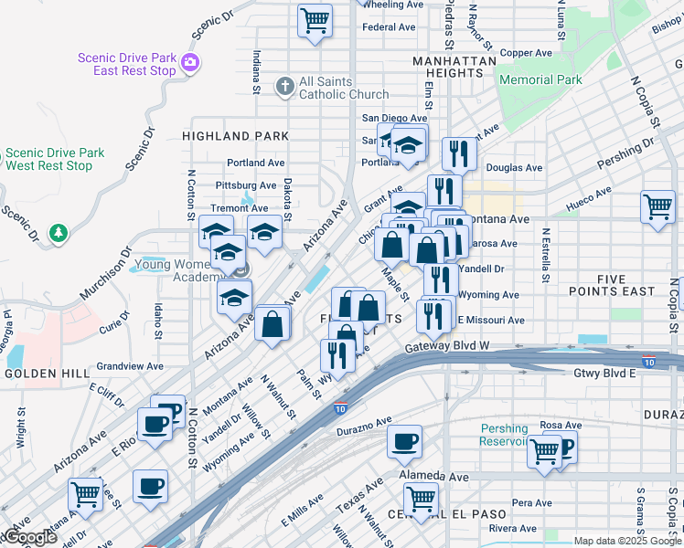 map of restaurants, bars, coffee shops, grocery stores, and more near 2526 Grant Avenue in El Paso
