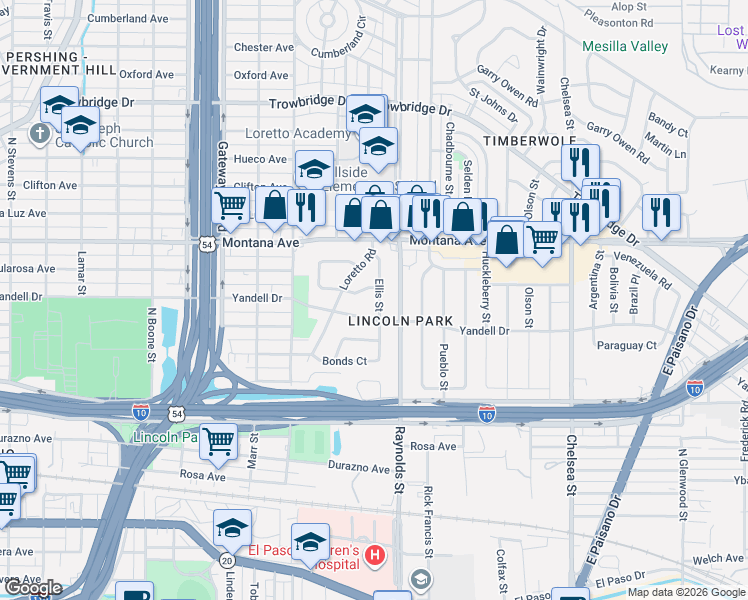 map of restaurants, bars, coffee shops, grocery stores, and more near 901 Ellis Street in El Paso