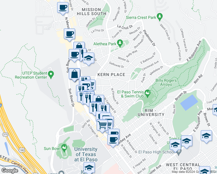 map of restaurants, bars, coffee shops, grocery stores, and more near 625 Wellesley Road in El Paso