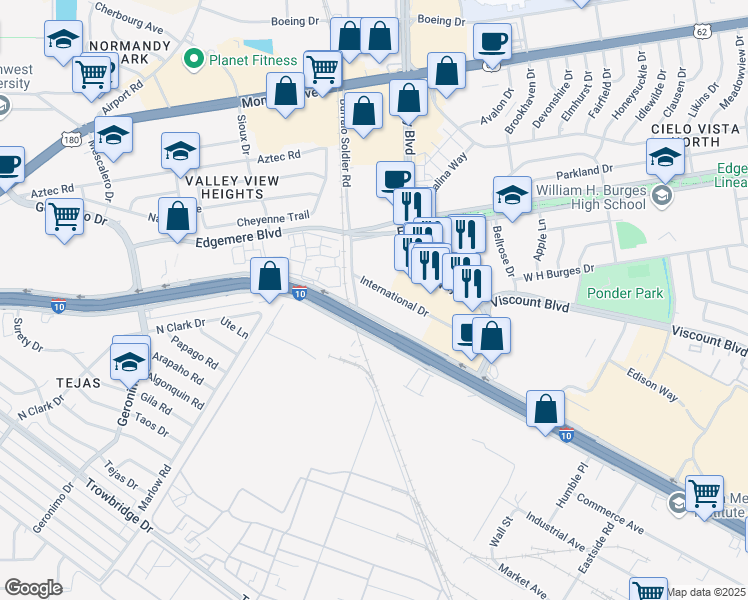 map of restaurants, bars, coffee shops, grocery stores, and more near 6610 International Drive in El Paso