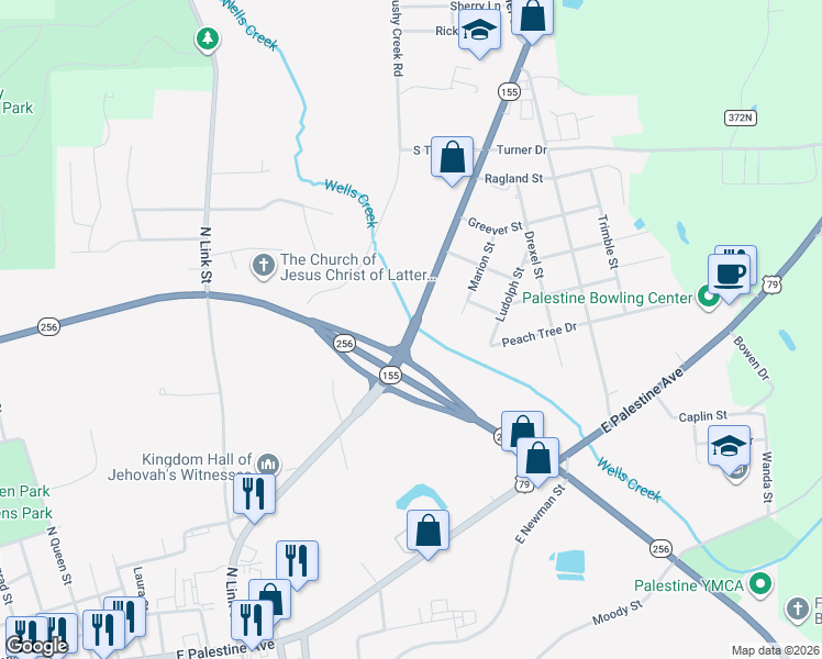 map of restaurants, bars, coffee shops, grocery stores, and more near 1787 State Highway 155 in Palestine