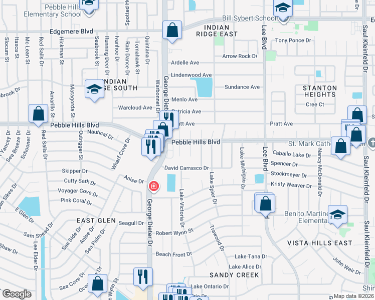 map of restaurants, bars, coffee shops, grocery stores, and more near 2924 Ernesto Serna Place in El Paso