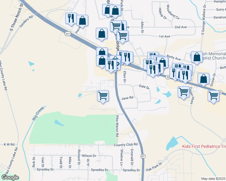 map of restaurants, bars, coffee shops, grocery stores, and more near 357 Elba Highway in Troy