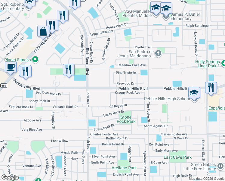 map of restaurants, bars, coffee shops, grocery stores, and more near 14223 Craggy Rock Avenue in El Paso