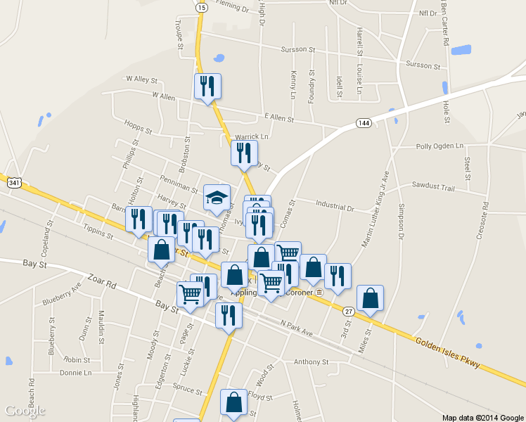 map of restaurants, bars, coffee shops, grocery stores, and more near 413 N Main St in Baxley