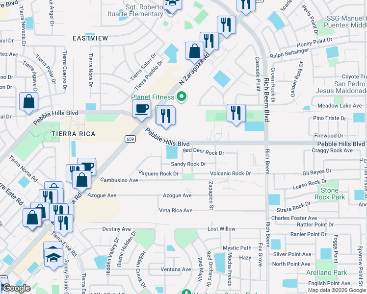 map of restaurants, bars, coffee shops, grocery stores, and more near 13995 Red Deer Rock Drive in El Paso