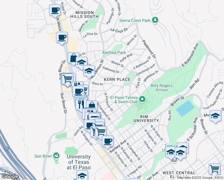 map of restaurants, bars, coffee shops, grocery stores, and more near 720 Wellesley Road in El Paso
