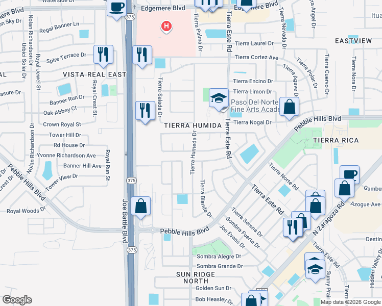 map of restaurants, bars, coffee shops, grocery stores, and more near 2389 Tierra Humeda Drive in El Paso
