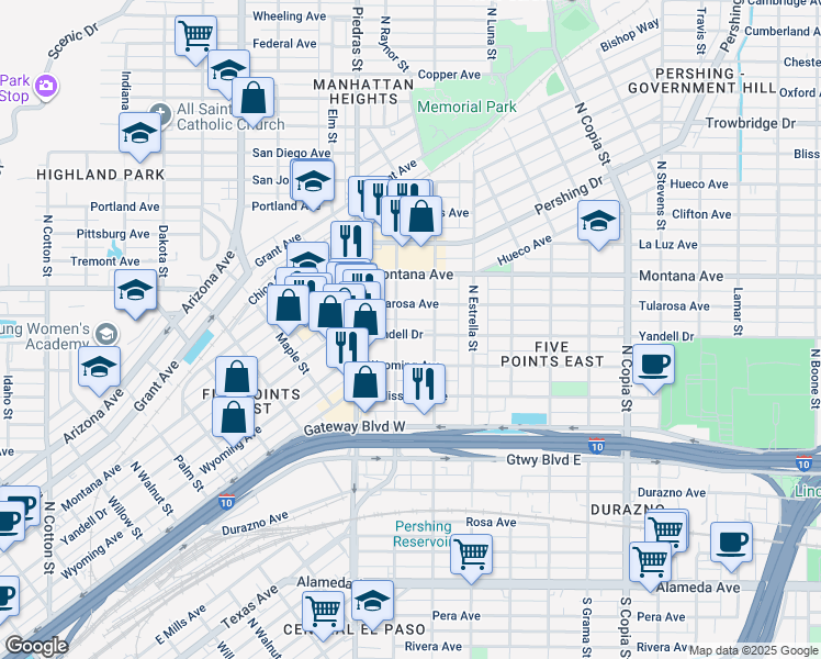 map of restaurants, bars, coffee shops, grocery stores, and more near in El Paso