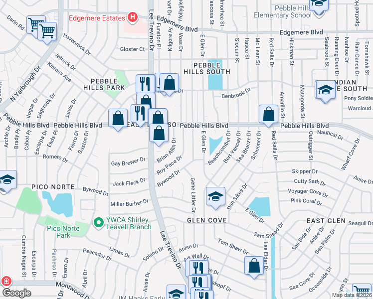 map of restaurants, bars, coffee shops, grocery stores, and more near 2916 Roy Pace Drive in El Paso