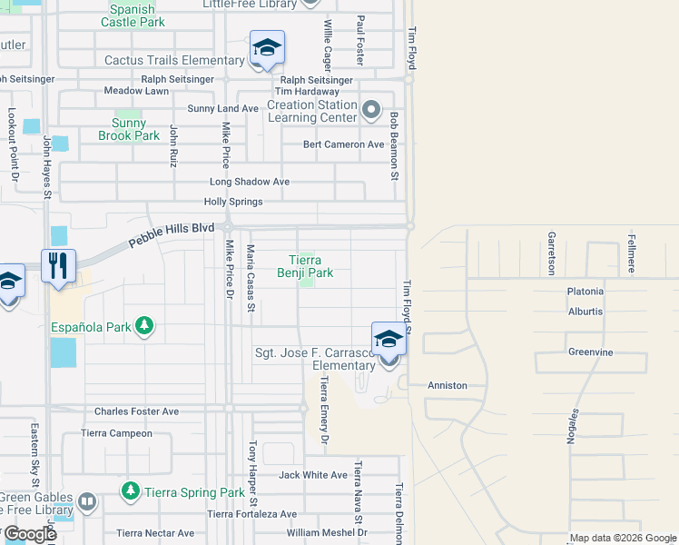 map of restaurants, bars, coffee shops, grocery stores, and more near 14841 Tierra Tencha Court in El Paso