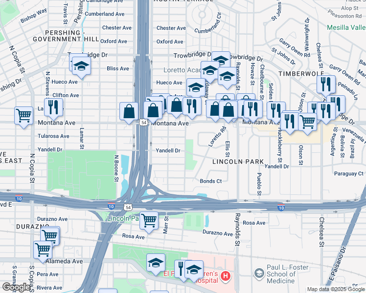map of restaurants, bars, coffee shops, grocery stores, and more near 4500 Yandell Drive in El Paso