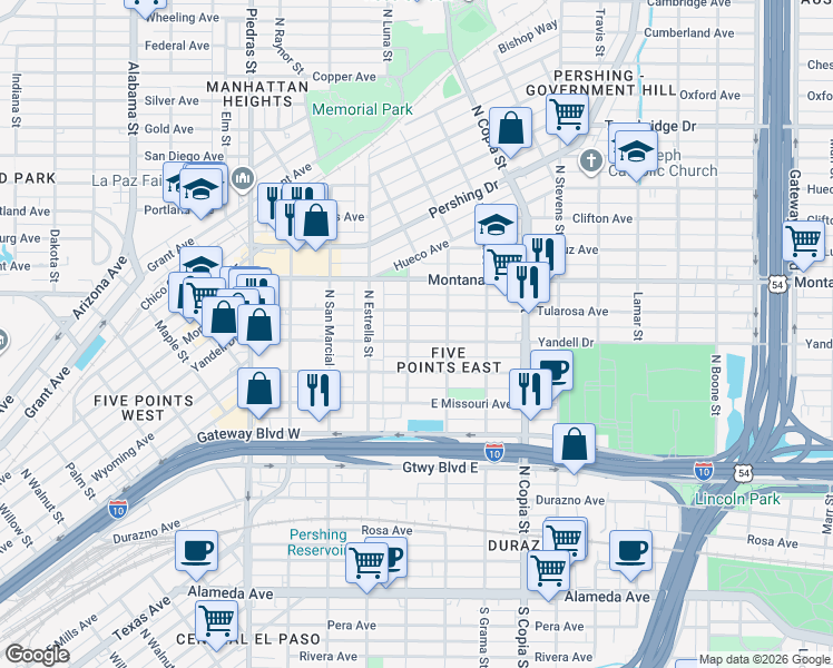 map of restaurants, bars, coffee shops, grocery stores, and more near 3305 Yandell Drive in El Paso