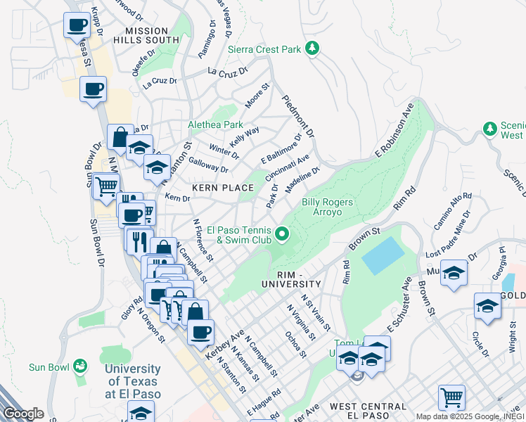 map of restaurants, bars, coffee shops, grocery stores, and more near 915 Park Drive in El Paso