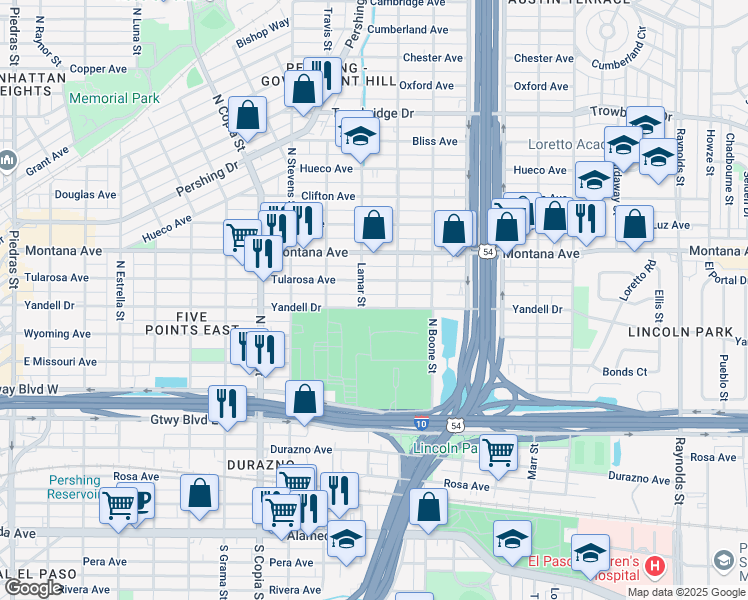 map of restaurants, bars, coffee shops, grocery stores, and more near 3909 Yandell Drive in El Paso