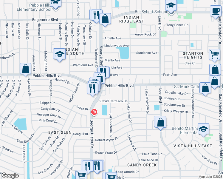 map of restaurants, bars, coffee shops, grocery stores, and more near 2924 Ernesto Serna Place in El Paso