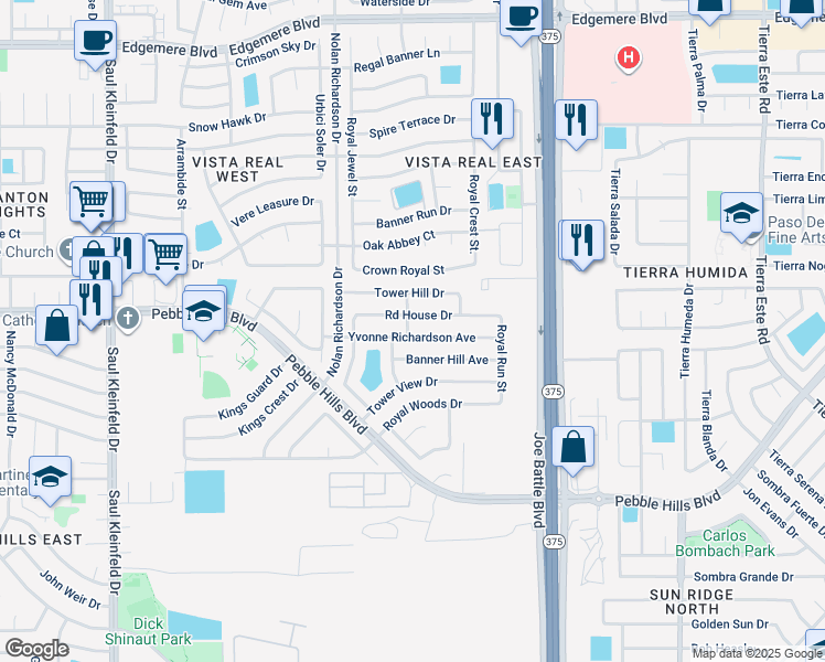 map of restaurants, bars, coffee shops, grocery stores, and more near 12137 Yvonne Richardson Avenue in El Paso