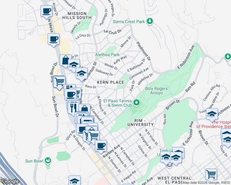 map of restaurants, bars, coffee shops, grocery stores, and more near 814 Mississippi Avenue in El Paso