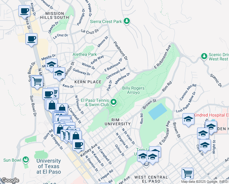 map of restaurants, bars, coffee shops, grocery stores, and more near 1011 East Robinson Avenue in El Paso