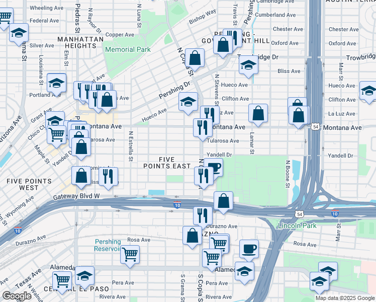 map of restaurants, bars, coffee shops, grocery stores, and more near 3505 Yandell Drive in El Paso