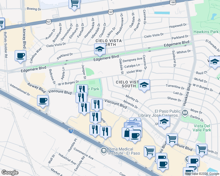 map of restaurants, bars, coffee shops, grocery stores, and more near 7925 Morley Drive in El Paso