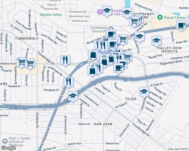 map of restaurants, bars, coffee shops, grocery stores, and more near 5959 Gateway Boulevard West in El Paso